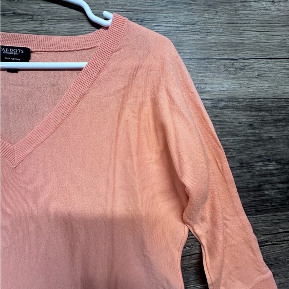 Talbots Peach Coral 100% Pima Cotton V-Neck Sweater - Picture 3 of 7